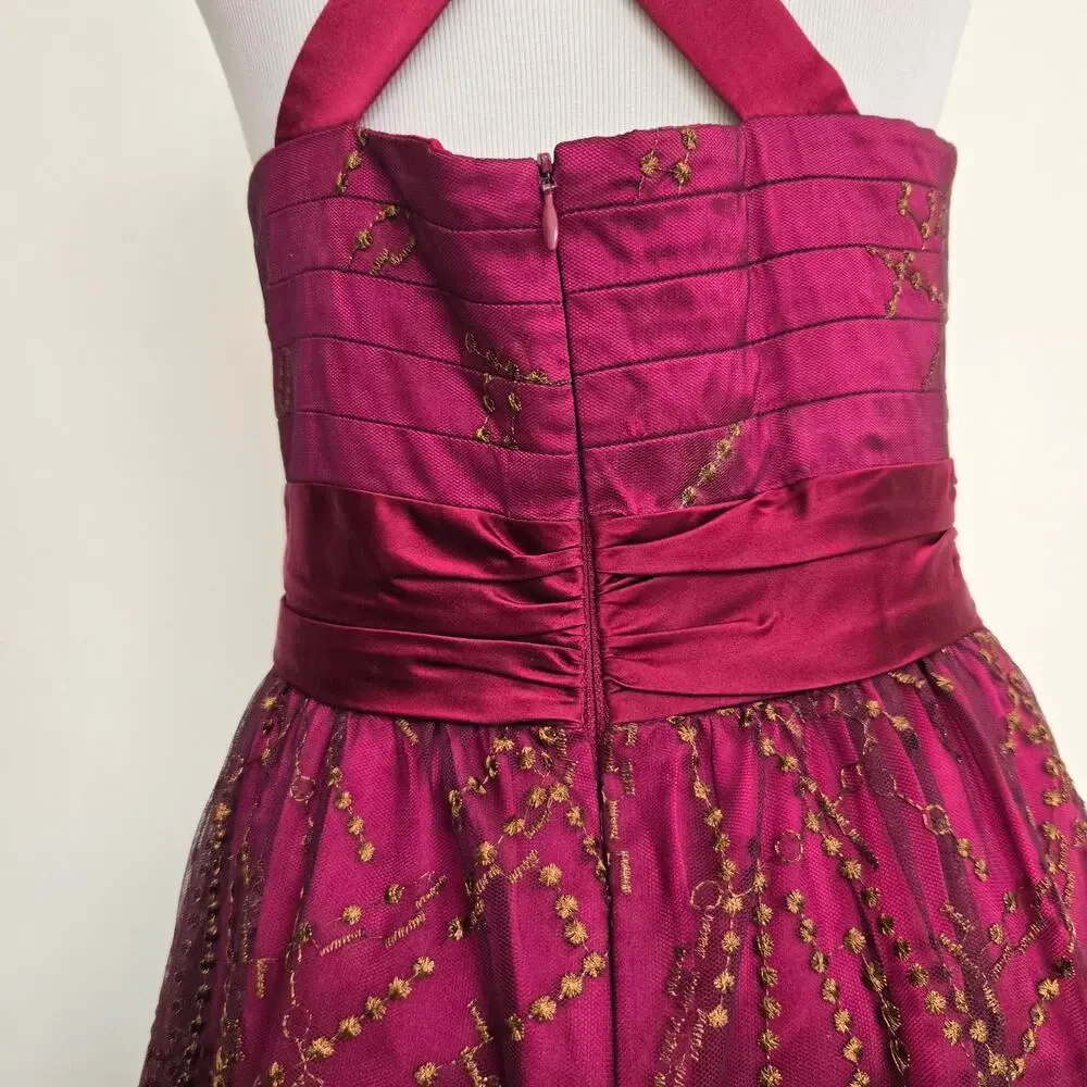 Vintage Y2K Babydoll Party Dress Embroidered Tulle Glam Prom Women Magenta 6 - Picture 8 of 15